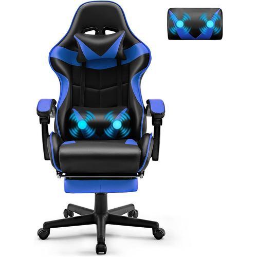 Chaise Gaming Racing Massante, Siege Gaming Avec Soutien Lombaire Massage Et Appui-Tête, Dossier Haut, Fauteuil Pivotant Pour Livestream Playstation (Bleu)