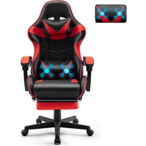 Chaise Gaming Racing Massante, Siege Gaming Avec Soutien Lombaire Massage Et Appui-Tête, Dossier Haut, Fauteuil Pivotant Pour Livestream Playstation (Rouge)