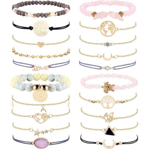 Eryi-20pcs Bohemia Bracelet Set Pour Femme Fille Réglable Manchette Layered Multi Pendentif Forme Ronde Perles Pompon Elastique Ensemble Cadeau Bijoux