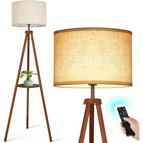 Lampadaire Trépied Avec Étagères, Lampadaire Moderne Led Dimmable Avec Télécommande, 4 Températures De Couleur, Lampe Sur Pied En Bois Avec Abat-Jour En Lin Beige Pour Salon, Chambre À Coucher