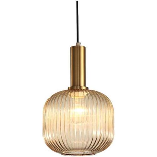 Suspension Luminaire Industrielle Vintage En Verre Nervuré,Plafonnier Avec Fini En Laiton Poli Lustre,Suspension Lampe De Salle À Manger Cuisine Salon Chambre (Ambré, 20cm)