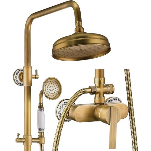 Colonne de Douche Rétro avec Mitigeur, Système de Douche Laiton Antique Ensemble de Douche Montage Mural Set de Douche avec Rotatif 20 cm Tête de Douche, Douchette à Mains, Réglable Douche Barre