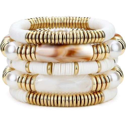 Eryi-Bracelets Bohèmes Pour Femmes Dame Multicolores Bracelets Élastiques À Perles Empilables Bracelet D'été Ensemble De 5, Couleurs Vives Bracelet Rose/Orange/Blanc