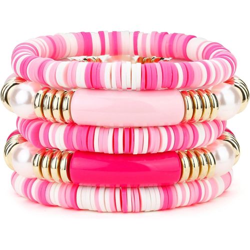 Eryi-Bracelets Bohèmes Pour Femmes Dame Multicolores Bracelets Élastiques À Perles Empilables Bracelet D'été Ensemble De 5, Couleurs Vives Bracelet Rose/Orange/Blanc