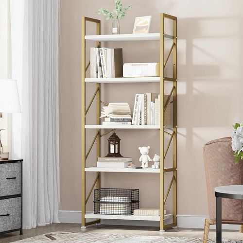 Bibliothèque À 5 Niveaux, Étagère À Livres Sur Pied, Étagère En Bois Et Cadre En Métal, Étagère De Rangement Pour Salon, Bureau À Domicile ? Bibliothèque Dorée