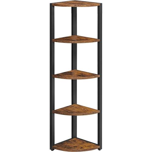 Étagère D'angle À 5 Niveaux, Bibliothèque Du Coin, Meuble De Rangement Polyvalent, Porte-Plantes, Pour Salon, Chambre, Bureau, Style Industriel, Marron Rustique Et Noir