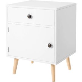 Table De Nuit, Table De Chevet Avec 1 Tiroir Et 1 Placard De Rangement, Table D?Appoint Avec Pieds En Bois De Pin, Pour Chambre, Salon, Bureau, Blanc