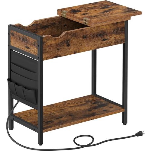 Table D'appoint Fine Avec Station De Charge, Table De Chevet Étroite Avec Rangement, Table D'appoint Avec Ports Usb, Prises, Chambre À Coucher, Marron Rustique Et Noir