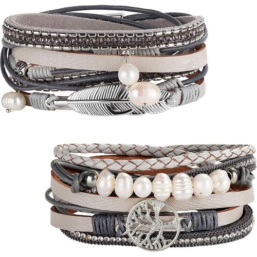 Eryi-2pcs Cuff Bracelet Cuir Pour Femme Boho Multicouches Arbre De Vie Bracelets Manchettes Gris Brun Noir Bleu Boucle Magnétique Jonc Bangles Bijoux Cadeau Pour Mère Amis