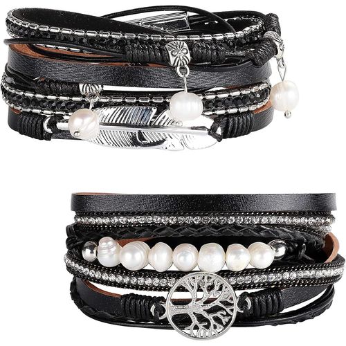 Eryi-2pcs Cuff Bracelet Cuir Pour Femme Boho Multicouches Arbre De Vie Bracelets Manchettes Gris Brun Noir Bleu Boucle Magnétique Jonc Bangles Bijoux Cadeau Pour Mère Amis