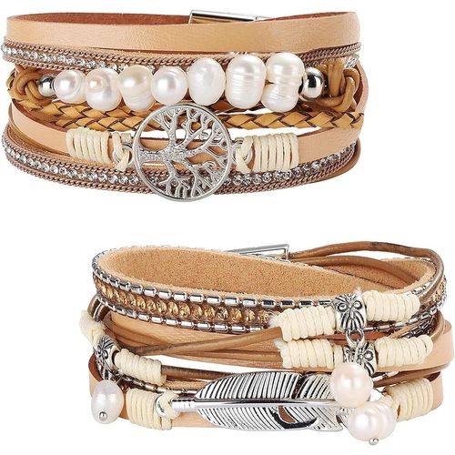 Eryi-2pcs Cuff Bracelet Cuir Pour Femme Boho Multicouches Arbre De Vie Bracelets Manchettes Gris Brun Noir Bleu Boucle Magnétique Jonc Bangles Bijoux Cadeau Pour Mère Amis