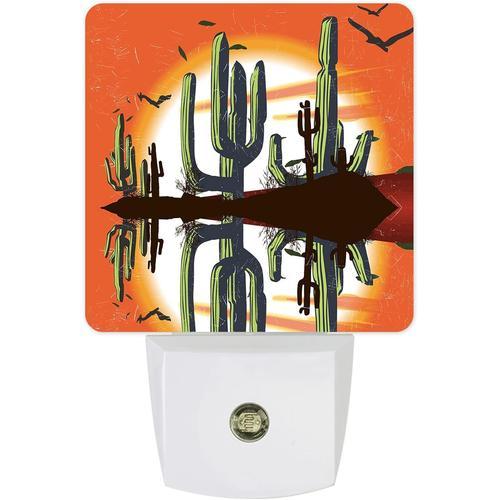 Lampe De Nuit Cactus Du Désert, Orange Ombré, Oiseaux Botaniques Tropicaux, Veilleuses Lumineuses Pour Chambre À Coucher Et Salon