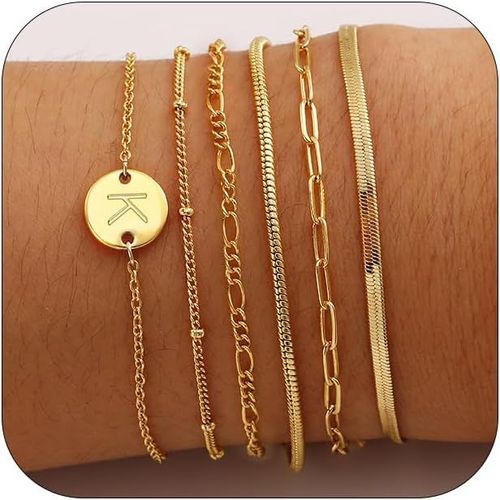 Eryi-Bracelet En Or Pour Femme, 6 Pcs, Ensembles De Bijoux Empilables Plaqué Or 14k Réel, Lettres A-Z, Ajustable 6"" + 2
