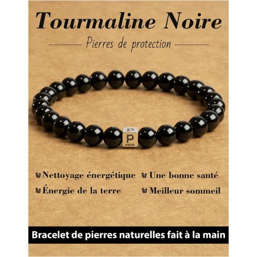 Eryi-Bracelet De Pierre Naturelle Pour Femme Et Homme, Bracelets À Initiales, Tourmaline Noire De 6mm Avec Perle Alphabet En Argent 925, Cadeaux Créatifs Personnalisés. Facultatif A-Z