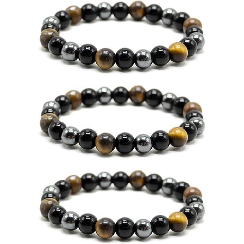 Eryi-Bracelet Triple Protection, Lot De 3 Bracelets ?il De Tigre De 8 Mm, Perles D'hématite Et Obsidienne Noire, Bracelet En Pierres Précieuses, Bracelet De Protection - Apporte Bonheur Et Prospérité