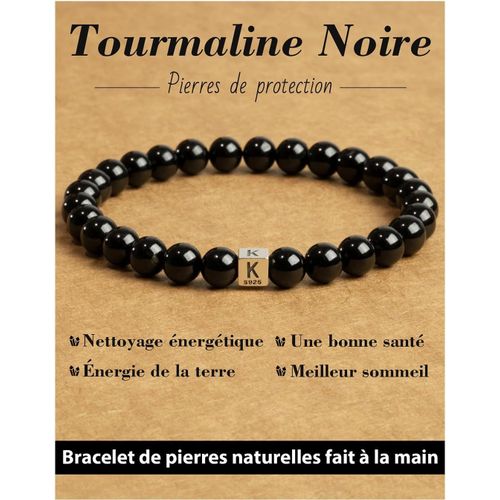 Eryi-Bracelet De Pierre Naturelle Pour Femme Et Homme, Bracelets À Initiales, Tourmaline Noire De 6mm Avec Perle Alphabet En Argent 925, Cadeaux Créatifs Personnalisés. Facultatif A-Z