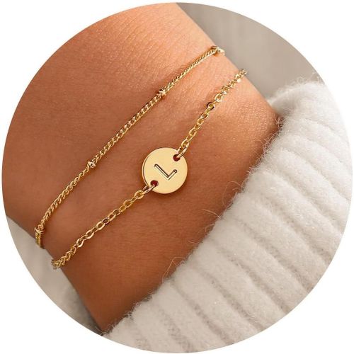 Eryi-Bracelet Or Avec Initiales Femme Fantaisie Plaqué Or 14 Carats Fin Chaîne Lot Bracelet Lettres A-Z Réglables Double Gourmette Bijoux Idee Cadeau Personnalisé Pour Femmes Et Filles Enfant