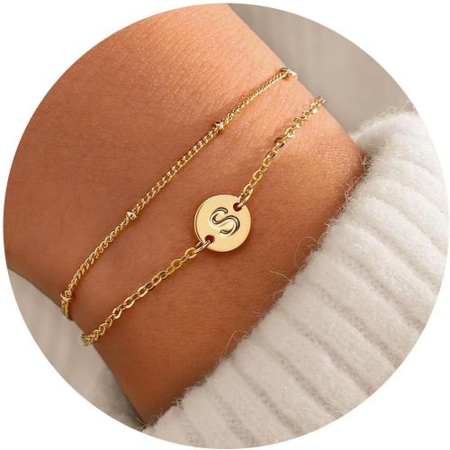 Eryi-Bracelet Or Avec Initiales Femme Fantaisie Plaqué Or 14 Carats Fin Chaîne Lot Bracelet Lettres A-Z Réglables Double Gourmette Bijoux Idee Cadeau Personnalisé Pour Femmes Et Filles Enfant