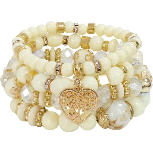 Eryi-4 Pièces Bracelet Bohème Multicouches,Bracelet Perles Cristal Superposition,Bracelet Arbre De Vie En C?ur,Bracelet Pierre Naturelle Élastique,Cadeau
