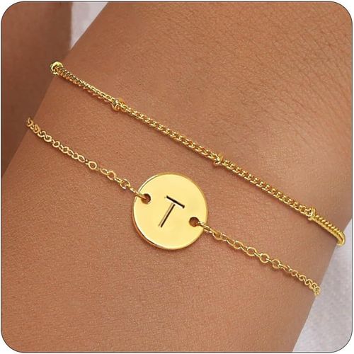 Eryi-Bracelet Or Avec Initiales Femme Fantaisie Plaqué Or 14 Carats Fin Chaîne Lot Bracelet Lettres A-Z Réglables Double Gourmette Bijoux Idee Cadeau Personnalisé Pour Femmes Et Filles Enfant