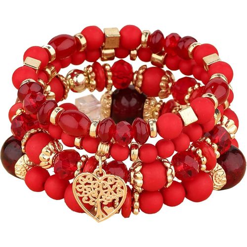 Eryi-4 Pièces Bracelet Bohème Multicouches,Bracelet Perles Cristal Superposition,Bracelet Arbre De Vie En C?ur,Bracelet Pierre Naturelle Élastique,Cadeau