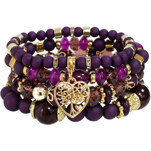 Eryi-4 Pièces Bracelet Bohème Multicouches,Bracelet Perles Cristal Superposition,Bracelet Arbre De Vie En C?ur,Bracelet Pierre Naturelle Élastique,Cadeau