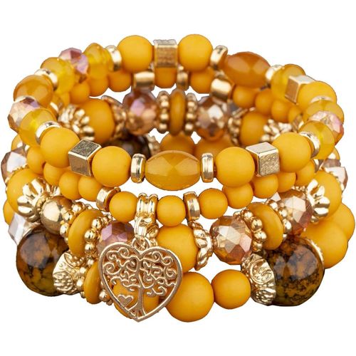 Eryi-4 Pièces Bracelet Bohème Multicouches,Bracelet Perles Cristal Superposition,Bracelet Arbre De Vie En C?ur,Bracelet Pierre Naturelle Élastique,Cadeau