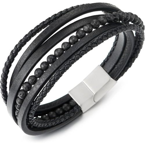 Eryi-Multi-Brin Pierres Perle Chaîne Tressé En Cuir Bracelet - Envelopper Bracelet - Acier