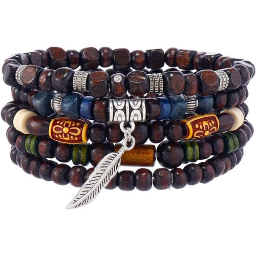 Eryi-6pcs Bois Perles Brassard Bracelets Pour Femmes Hommes Unisexe Tibétain Bouddhiste Wrap Wood Wristband Bangle Pour Femme Homme