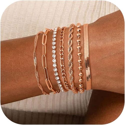 Eryi-7 Pcs Chaîne Bracelets Pour Femme Bracelet Acier Inoxydable Femme Twist Figaro Zag Chaîne Bracelets Réglable Cz Fantaisie Bracelets Ensemble Argent Or Bracelets Pour Femmes Filles