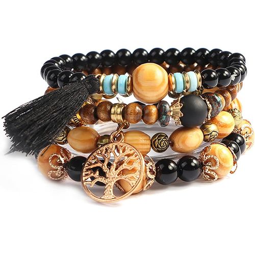 Eryi-Bracelet Perles Bois Pour Femme, Lot De 4 Bracelets Style Bohème, Bracelet Extensible Multicouche Avec Accessoires Arbre De Vie Et Gland