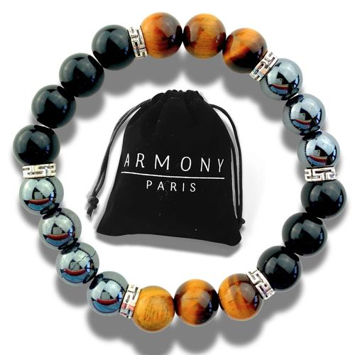 Eryi-Bracelet Pierre Naturelle Femme Homme Chakra Oeil De Tigre Jaune Hematite Obsidienne Noire Perles Naturelles 10 Mm Handmade Fabriqué En France Saint Valentin
