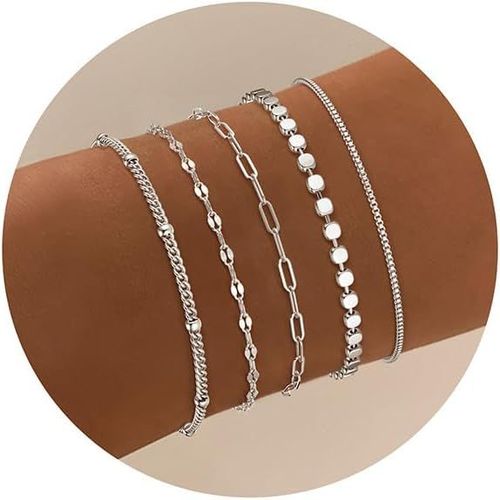 Eryi-5 Pièces Bracelet Femme Or Argent Lot 14k Réglable Acier Inoxydable Bracelets Serpent Figaro Chaîne Doré Ensemble Pour Femmes Filles