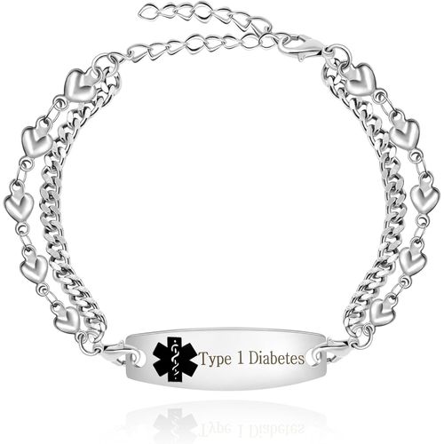 Eryi-Bracelets D'alerte Médicale Pour Femmes Et Hommes, Gravure Gratuite, Bracelet D'id Médical Personnalisable, Bracelet À Double Chaîne En Forme De C?ur Ya3985