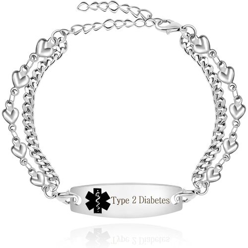 Eryi-Bracelets D'alerte Médicale Pour Femmes Et Hommes, Gravure Gratuite, Bracelet D'id Médical Personnalisable, Bracelet À Double Chaîne En Forme De C?ur Ya3985