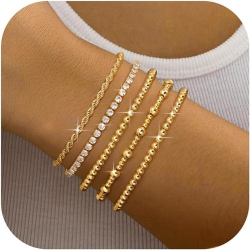 Eryi-Bracelet Femme Bracelet Plaqué Or Femme 18k En Perles D'or Élastique Extensible Bracelet De Tennis En Or Imperméable Bracelets Réglables Ensemble De Bijoux En Or Gourmette Femme Bracelet