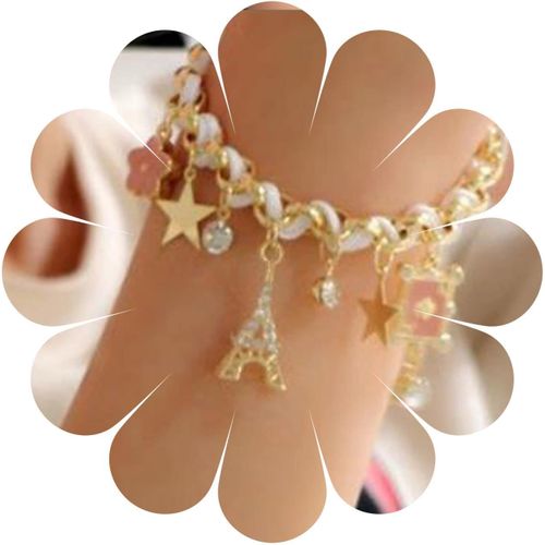 Eryi-Bracelet Simple Tour Eiffel Or Strass Étoiles Cz Chaîne Manuelle Fleurs Boho Bracelets Corde Chanvre Blanc Cartes À Jouer Cristaux Chaîne Manuelle Bijoux Cadeaux Pour Femmes Adolescentes