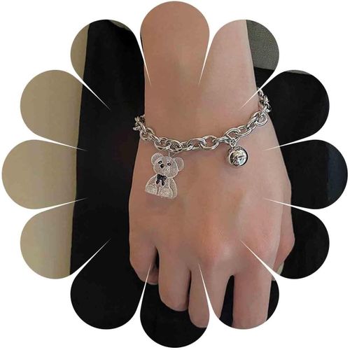 Eryi-Punk Ours Cloche Bracelet Argent Chaîne Épaisse Main Chaîne Main Cloche Pendentif Main Harnais Mignon Acrylique Ours Pendentif Poignet Chaîne Déclaration Esclave Bracelet Bijoux Pour Femmes