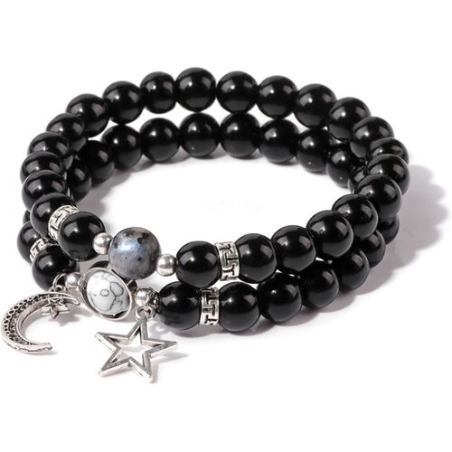 Eryi-2 Pièces Multicouches Pierre Naturelle Bracelet 8mm,Bracelets Avec Étoile La Lune Accessoires,Bracelet De Perles,Bracelet Superposition Élastique