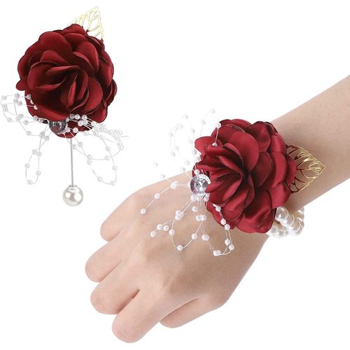 Eryi-Lot De 2 Bracelets De Corsage Pour Mariage Et Bal De Fin D'année, Avec Bracelet En Perles, Ruban Et Fleur Pour Femme, Fille, Mariée, Demoiselle D'honneur, Etc
