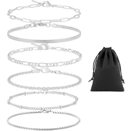 Eryi-Lot De 6 Femmes Plaqué Empilage Bracelet Argent Charme Acier Inoxydable Empilage Bracelet Cordon Réglable Cuba Figaro Perles Bijoux Bracelet Maillons Ensemble Fille