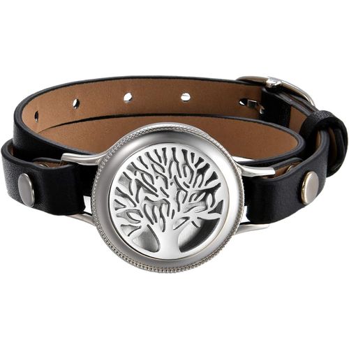 ERYI-Bracelet Femme Cuir Acier Inoxydable Motif Arbre De La Vie Musical Rond Boîtier Creux Diffuseur De Essence Essentiel Et Parfum Fantaisie Cadeau Anniversaire