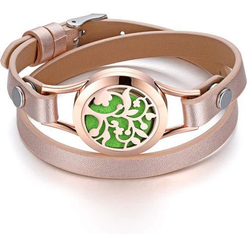 ERYI-Bracelet Femme Cuir Acier Inoxydable Motif Arbre De La Vie Musical Rond Boîtier Creux Diffuseur De Essence Essentiel Et Parfum Fantaisie Cadeau Anniversaire