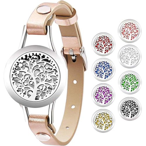 ERYI-Bracelet Femme Cuir Acier Inoxydable Motif Arbre De La Vie Musical Rond Boîtier Creux Diffuseur De Essence Essentiel Et Parfum Fantaisie Cadeau Anniversaire