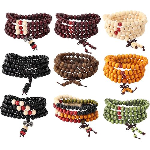 Eryi-9-12 Pcs 108 Bracelet Perles En Bois De Santal Naturel Collier/Bracelet Chaîne Chapelet Perles Tibétain Bouddhiste Bouddha Mala Élastique Pierres Bracelet Homme Femme
