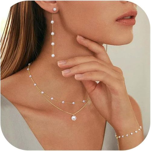 Eryi-Collier Perles Femme Boucles D'oreilles Perles Bracelet Ensemble Bijoux Ensemble Bijoux Perles Plaqué Or 14k Collier Réglable Bracelet Perles Ensembles Bijoux Mariage Femme