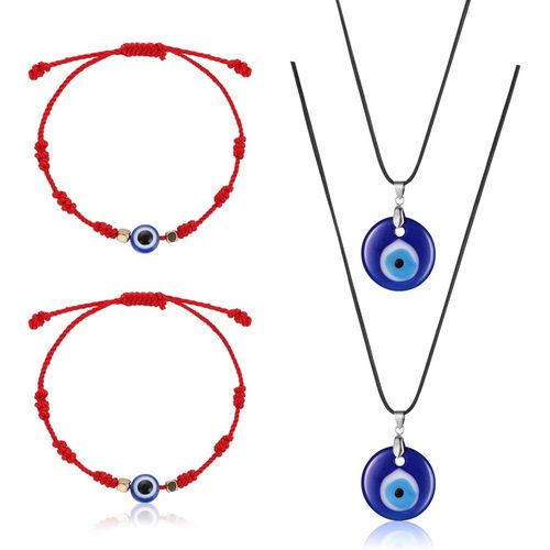 Eryi-4 Pièces Collier Mauvais ?il Bleu Protection Bracelet Mauvais Oeil Grec Ensemble 2 Amulette Bracelet Porte Bonheur Avec Cartes 2 Collier Pendentif Mauvais ?il Dinde Bleu Collier Dame Homme