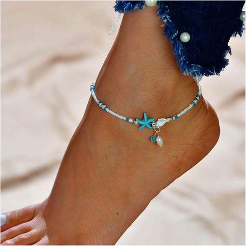 Eryi-Bracelet De Cheville Boho Étoile De Mer En Perles Bracelet De Cheville En Perles Plage Bracelet De Cheville En Perles Été Étoile De Mer Bleu Chaîne De Pied Bijoux Pour Femmes Et Filles
