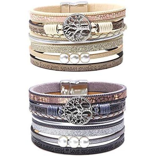 Eryi-Bracelet Pour Homme Et Femme En Cuir Rétro Mode Poignet En Acier Maille Fermoir Magnétique Arbre De Vie Tressé Cuir Bracelet