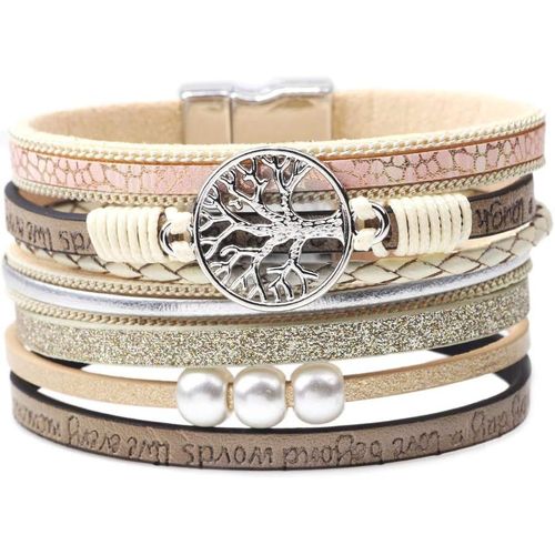 Eryi-Bracelet Pour Homme Et Femme En Cuir Rétro Mode Poignet En Acier Maille Fermoir Magnétique Arbre De Vie Tressé Cuir Bracelet